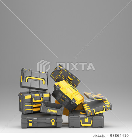 Set of professionsl tools cases 3d render on grey background 98864410