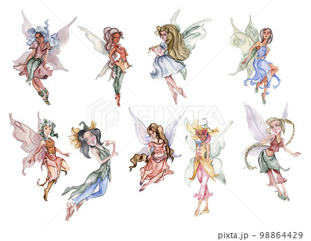 Watercolor cartoon fairy with magic wings. Watercolor hand draw fairy tale illustration. Illustartion with white isolated background. Perfect for greeting card, poster, wedding invitation, party decor 98864429