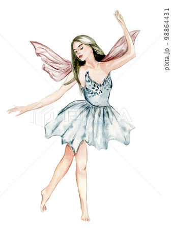 Watercolor cartoon fairy with magic wings. Watercolor hand draw fairy tale illustration. Illustartion with white isolated background. Perfect for greeting card, poster, wedding invitation, party decor Watercolor cartoon fairy with magic wings. Watercolor hand draw fairy tale illustration. Illustartion with white isolated background. Perfect for greeting card, poster, wedding invitation, party decor 98864431