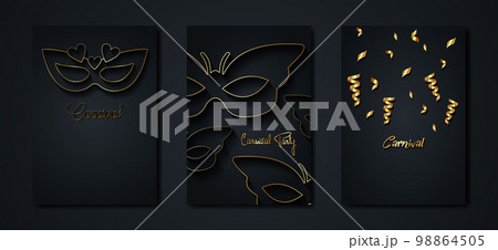 Carnival gold and black posters set, flyer or invitation design. Festive Golden cards. Vector illustration. Elegant luxury tickets with pattern and emblem. Place for your text message. Banners Carnival gold and black posters set, flyer or invitation design. Festive Golden cards. Vector illustration. Elegant luxury tickets with pattern and emblem. Place for your text message. Banners 98864505