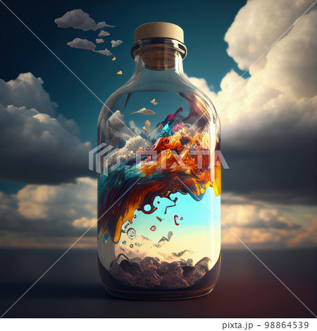 Bottle with Clouds and Lightning, Glass Jar with Colored Clouds, Generative AI Illustration 98864539