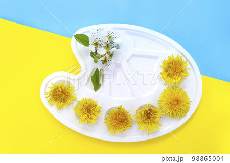 Watercolor palette with flowers, yellow dandelion flowers. Summer art concept on a bright background. yellow blue Watercolor palette with flowers, yellow dandelion flowers. Summer art concept on a bright background. yellow blue 98865004