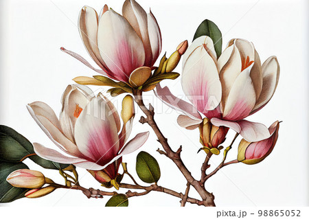 Magnolia Flower Isolated, Vintage Painting, White Magnolia Drawing 98865052