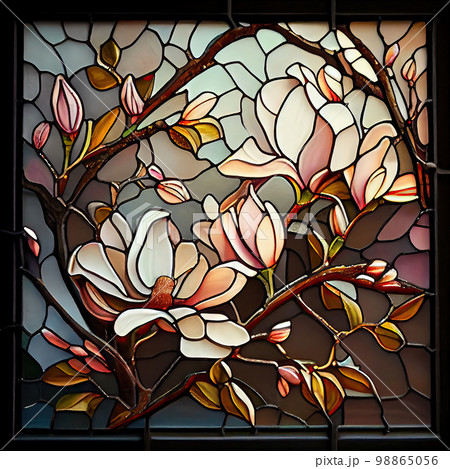 Magnolia Flower, Vintage Painting, White Magnolia Stained Glass Imitation 98865056