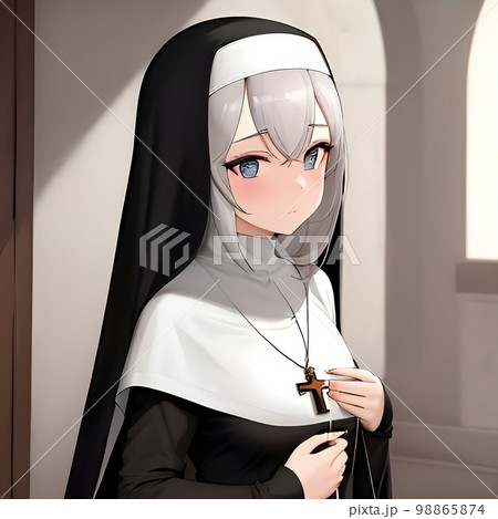 Cute and shy anime manga girl dressed in a nun outfit. Generative AI 98865874
