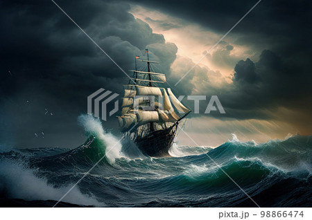 Antique Ship in Storm, Vintage Pirate Boat, Generative AI Illustration 98866474