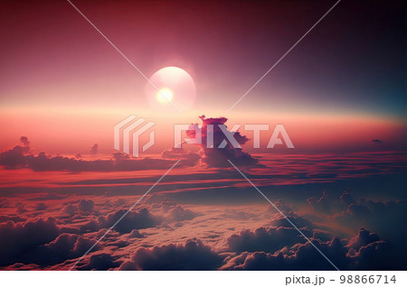 Sun Rise in Cloudy Sky Background, Dramatic Sunrise, Airplane View Above Clouds Sun Rise in Cloudy Sky Background, Dramatic Sunrise, Airplane View Above Clouds 98866714