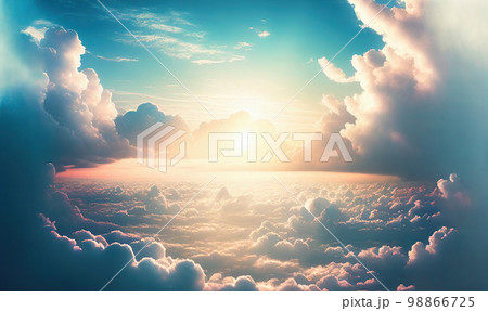 Sun Rise in Cloudy Sky Background, Dramatic Sunrise, Airplane View Above Clouds 98866725