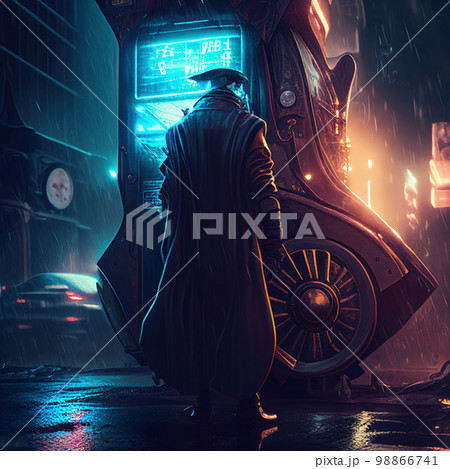 Time Machine, Time Traveler Look in Cyberpunk Computer, Generative AI Illustration 98866741