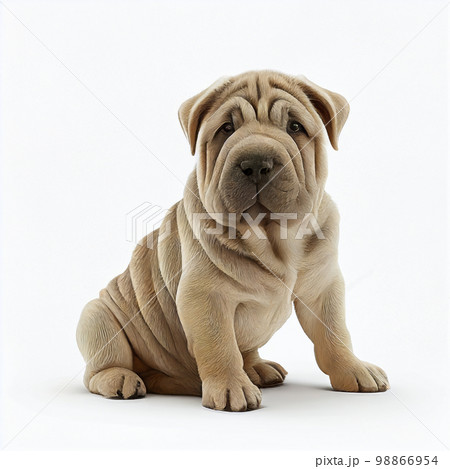Shar pei puppy of fawn cream color isolated on white large. Lovely cute dog of unusual appearance 98866954