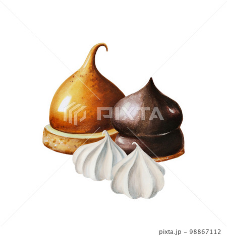 Watercolor composition with chocolate marshmallow, orange souffl, meringue. Hand painting sweet crunchy cookies on a white isolated background. For designers, menu, shop, bar, bistro, restaurant, for 98867112