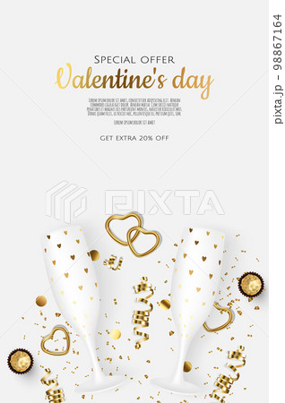 Valentine's day, February 14. Vector illustrations of love, heart, gift, champagne glasses, confetti sweets. Drawings for postcard, card, congratulations and poster. 98867164