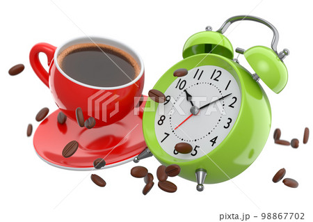 Vintage alarm clock with ceramic coffee cup on white background. 98867702