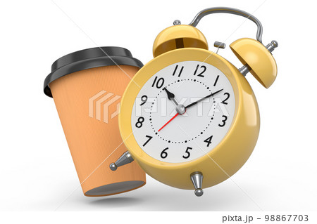Vintage alarm clock with paper coffee cup on white background. 98867703