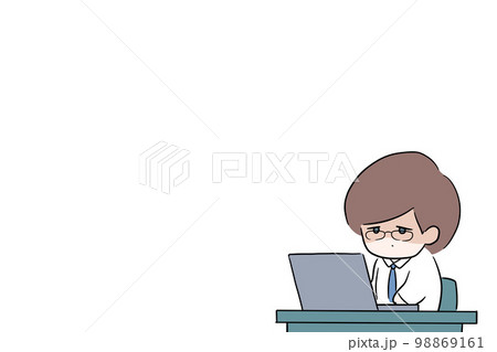 残業が辛い男性のイラスト　眼鏡をかけた男性　　デスクワーク　余白スペース　仕事辞めたい 98869161