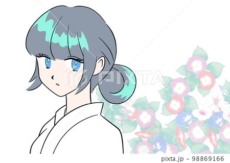 浴衣を着た女性　手描きイラスト　白背景　シンプル　ひとつ結び　朝顔 98869166