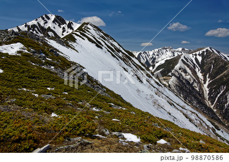 前常念岳への下りから見る常念岳山頂と大天井岳への稜線 98870586