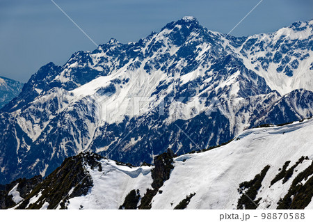 前常念岳への下りから見る前穂高岳と稜線を行く登山者 98870588