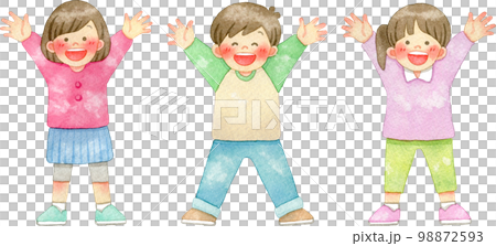 微笑的孩子舉手玩萬歲的水彩插圖 98872593