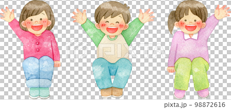 座って手を振る笑顔の子供たちの水彩イラスト 98872616