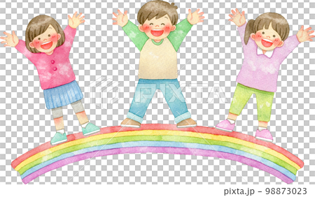 虹の上に立ってバンザイをしている笑顔の子供たちの水彩イラスト 98873023