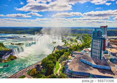 View from above of Horseshoe Falls at Niagara Falls in Canada with Casino and hotel 98873306