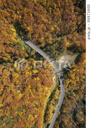北海道 定山渓ダム周辺の道路と紅葉(空撮 真俯瞰) 北海道 定山渓ダム周辺の道路と紅葉(空撮 真俯瞰) 98873600