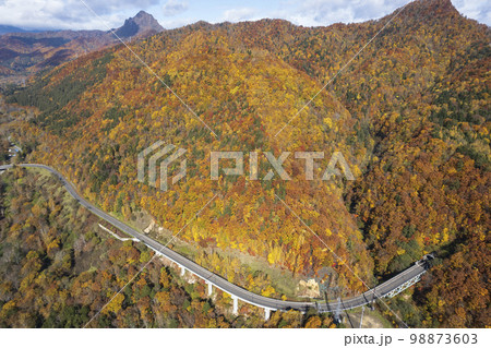 北海道 定山渓ダム周辺の紅葉（空撮） 98873603