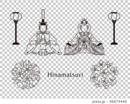 Illustration of Hina dolls, paper lanterns and flowers (line drawing) 98874440
