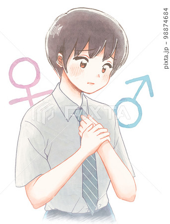 男子の制服に違和感を感じる学生の水彩風イラスト 98874684