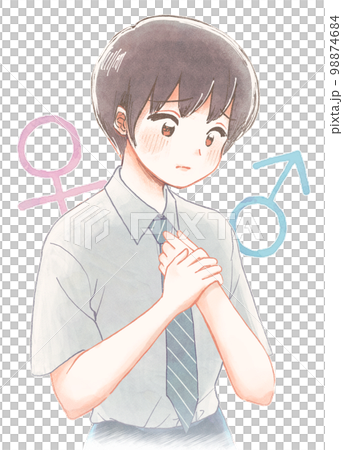 男子の制服に違和感を感じる学生の水彩風イラスト 98874684