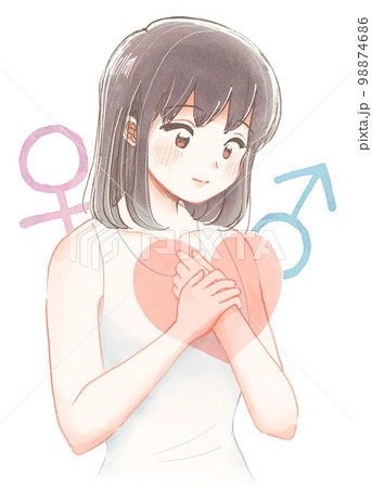 水彩風イラスト・自分の心と性別について考える少女 98874686