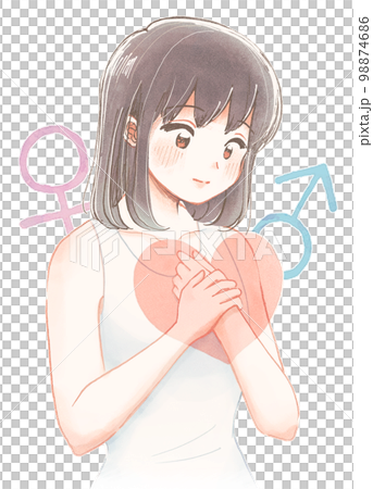 水彩風イラスト・自分の心と性別について考える少女 98874686