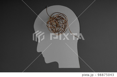 Mental Health Disorder Concept. Weak, Stressed Down Person. Negative Feeling. Depressed Emotional inside a Brain and Mind. Paper Cut as Human Head and Brain made by Messy Wire 98875043