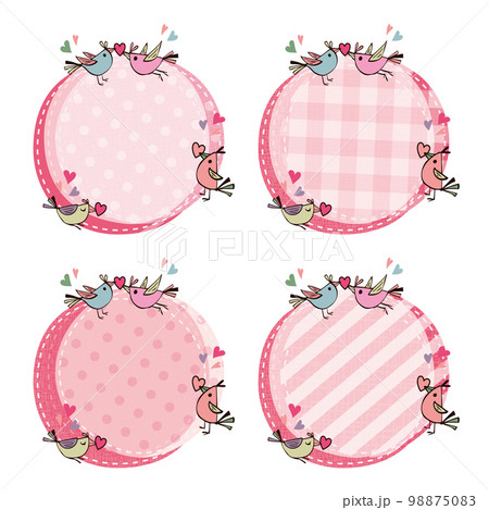 ハートと小鳥 パッチワーク生地風のテキストフレーム セット 楕円経 ピンク 98875083