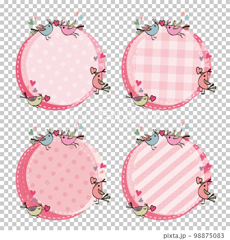 ハートと小鳥 パッチワーク生地風のテキストフレーム セット 楕円経 ピンク 98875083