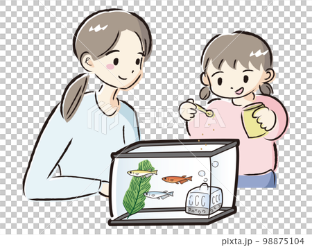 メダカのお世話をする親子(エサやり) メダカのお世話をする親子(エサやり) 98875104