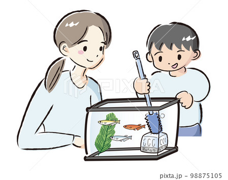 メダカのお世話をする親子（水槽の掃除） 98875105