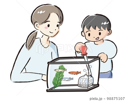 メダカのお世話をする親子(水換え) メダカのお世話をする親子(水換え) 98875107