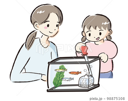 メダカのお世話をする親子(水換え) メダカのお世話をする親子(水換え) 98875108