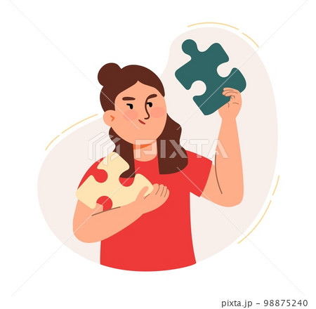 A woman holds a piece of a puzzle and collects a rebus. The concept of a business idea, startup, organization, brainstorming. Vector illustration isolated on a white background 98875240