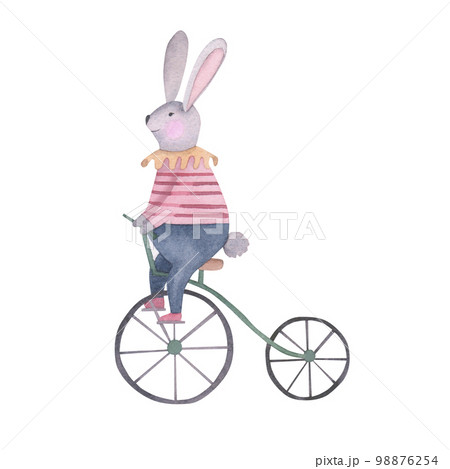 Circus hare on a bicycle watercolor illustration. Hand drawn isolated on white background. Template for your design, Birthday cards, postcards, children's room. Circus hare on a bicycle watercolor illustration. Hand drawn isolated on white background. Template for your design, Birthday cards, postcards, children's room. 98876254