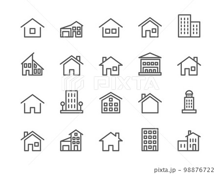 House line signs. Casa loan simple icons. Real estate. Cabin property. Cottage or apartments. Roof and windows. Residential buildings. Mansion symbols. Vector outline pictograms set 98876722
