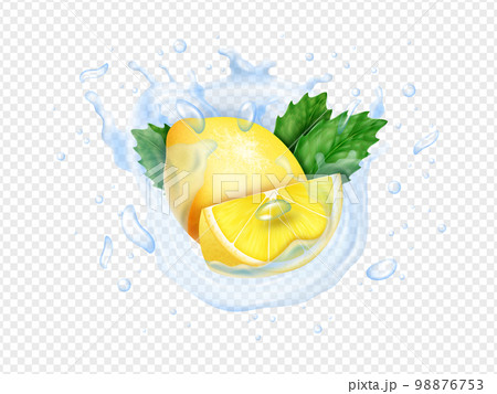 Realistic lemon, whole and half, mint in water splash. Fresh ice tea drop, green leaf, fresh lime fruit mojito waves, liquid juice swirl. Citrus gum or toothpaste. Vector 3d isolated concept Realistic lemon, whole and half, mint in water splash. Fresh ice tea drop, green leaf, fresh lime fruit mojito waves, liquid juice swirl. Citrus gum or toothpaste. Vector 3d isolated concept 98876753
