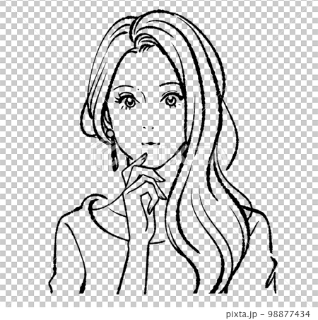 女性のモノクロ線画イラスト 98877434