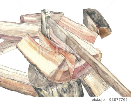 薪割りの光景のイラスト【手描き水彩画】白バック 透過背景 98877765