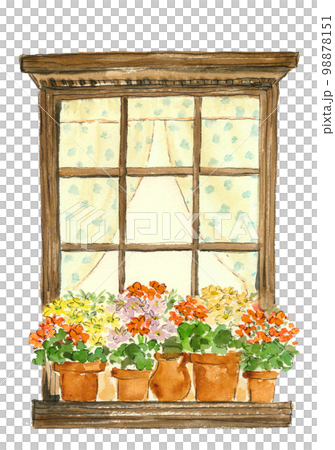 窓辺に飾られた鉢植えのイラスト【手描き水彩】白バック PNG 窓辺に飾られた鉢植えのイラスト【手描き水彩】白バック PNG 98878151