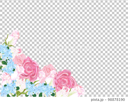 Flower frame series that can be used for cards Three kinds of pink roses and blue small flowers Lower left corner Flower frame series that can be used for cards Three kinds of pink roses and blue small flowers Lower left corner 98878190