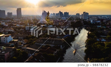 High angle view Aerial photograph of big buddha in the city large Buddha statue  in Bangkok (Wat Pak Nam Phasi Charoen) Thailand 98878232