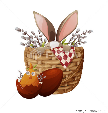An Easter bunny hides in a wicker basket with willow branches, a cute chicken in a red egg sits next to it. Vector illustration for the holiday, isolated background An Easter bunny hides in a wicker basket with willow branches, a cute chicken in a red egg sits next to it. Vector illustration for the holiday, isolated background 98878322